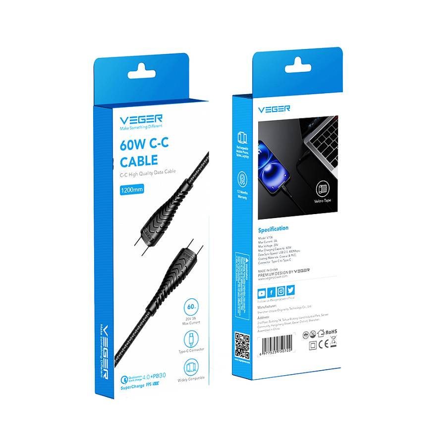 Veger V106 Καλώδιο USB-C σε USB-C 60W 1.2m - Μαύρο - Image 2